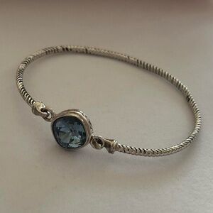 925 Sterling Silver Twisted Skinny Cuff Bangle Bracelet with Chunky Blue Gem